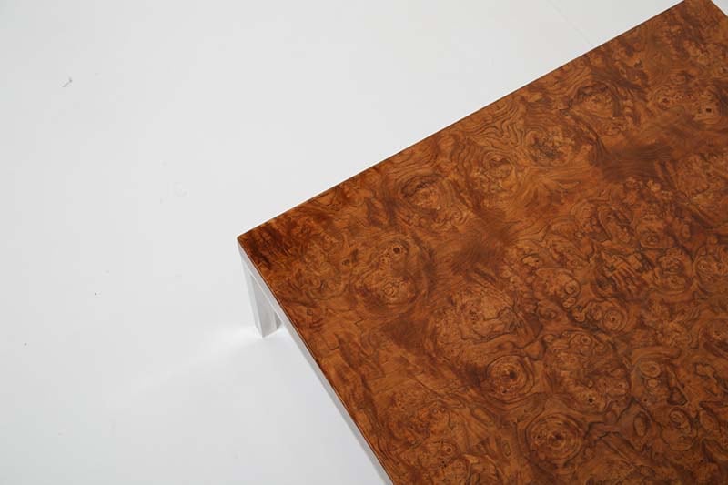 Vintage Olive Burl Wood And Chrome Low Coffee Table