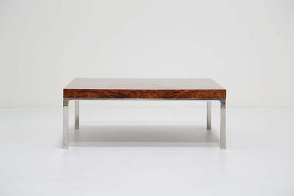 Vintage Olive Burl Wood And Chrome Low Coffee Table